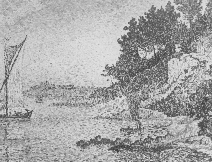 a drawing showing a boat going through a river