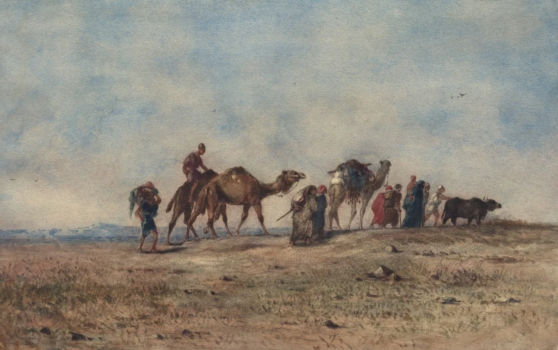 a painting of a line of people with camels in the desert