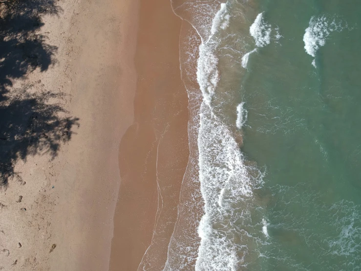 the top view of an aerial s of a beach and some trees