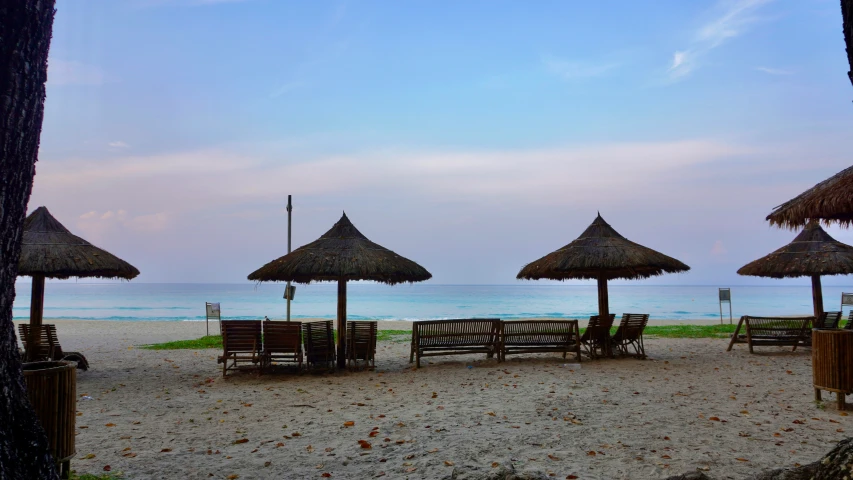 beach with umbrellas and tables on the beach