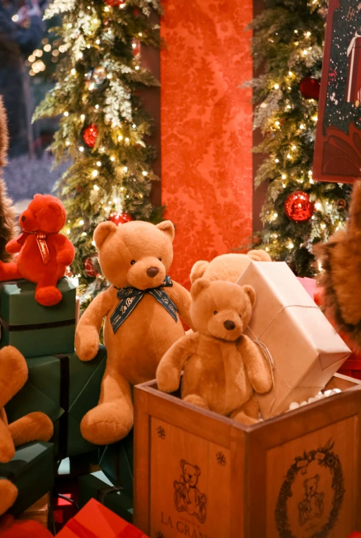 a christmas display with two bears in a box and a small gift box