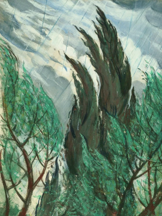 painting of trees in front of cloudy sky