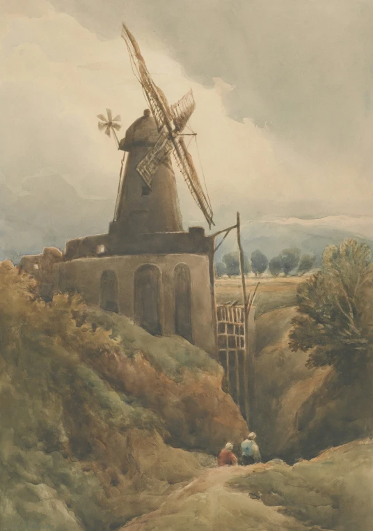 a painting of an old windmill, with a few people in it