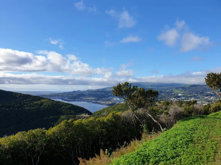 a bench at the top of a hill overlooking a large body of water