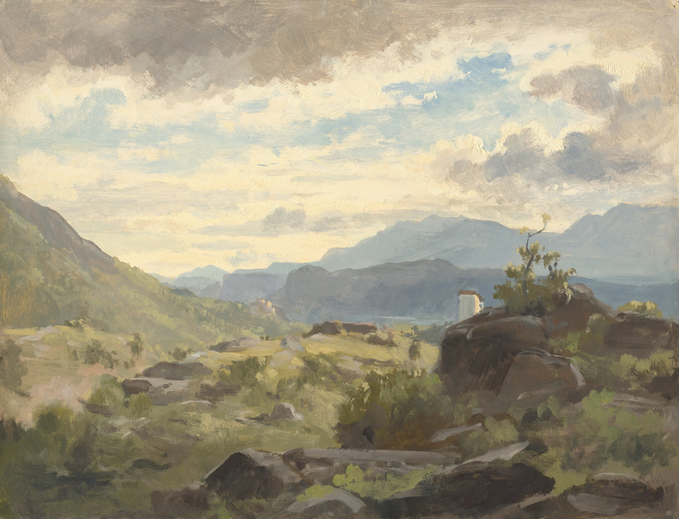 a painting with hills and clouds in the background