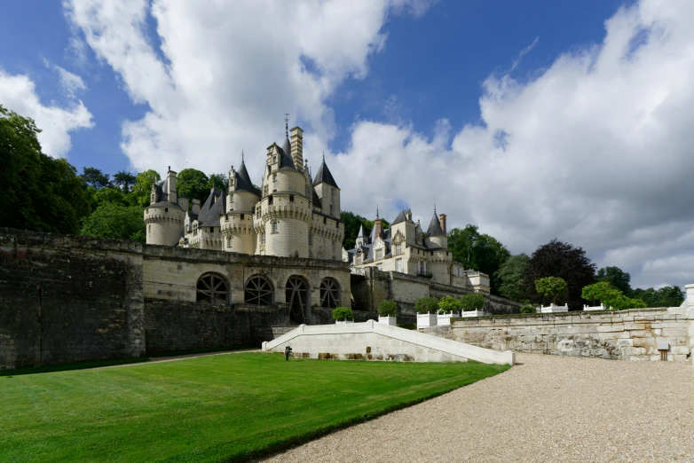 an image of a large castle with grass and some buildings