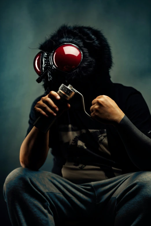 a man wearing a red mask and holding a cell phone