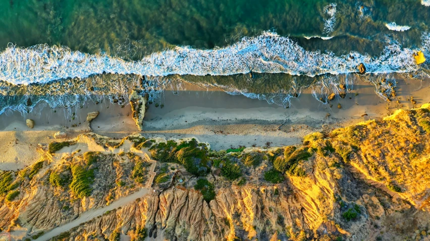 an aerial view of a beach in front of a forest