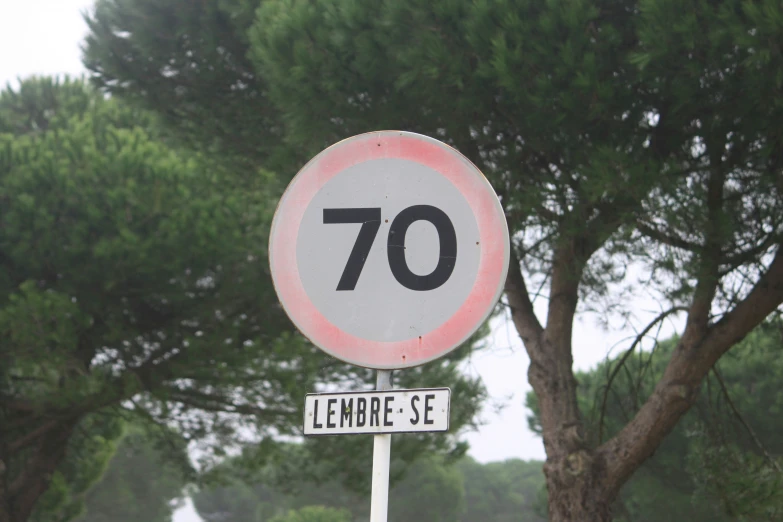 a pole that has a sign and trees