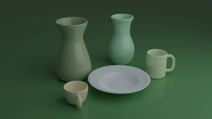 a green table with a plate and three different glass vases