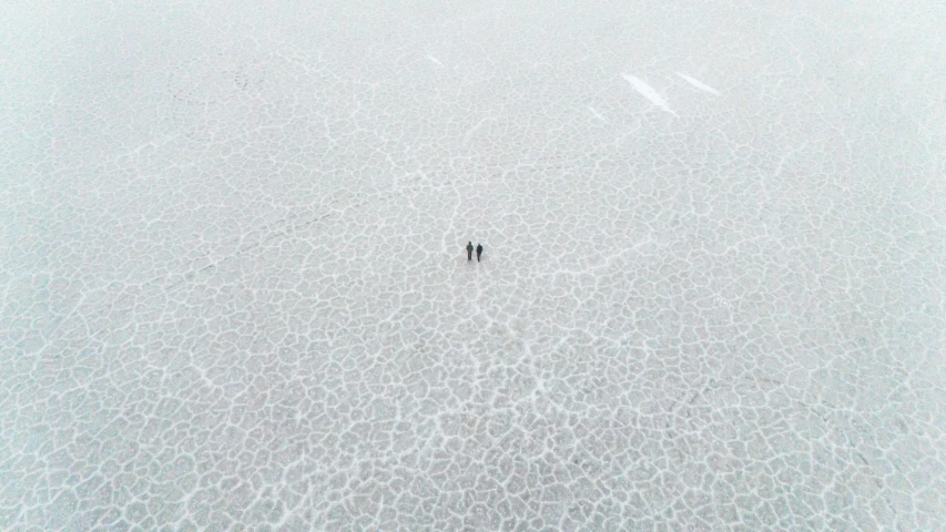 a couple standing in the snow under a blue and white sky