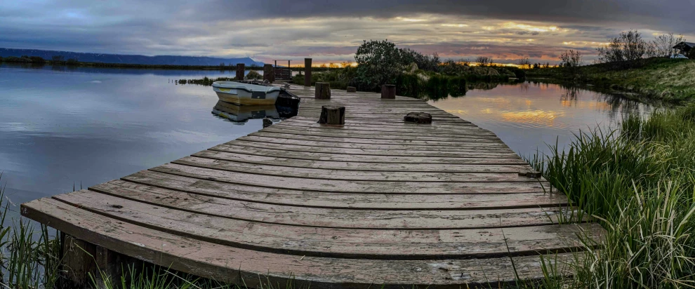 a large dock surrounded by tall grass on the water