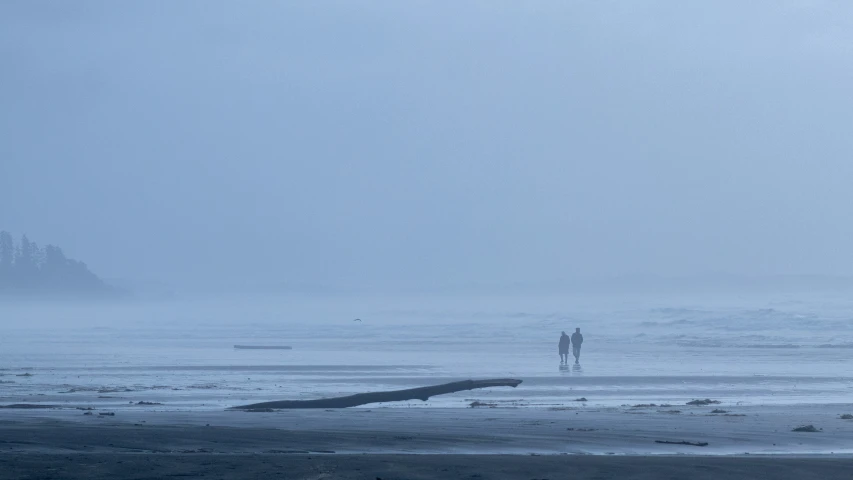 a couple stands on the beach in a foggy winter day