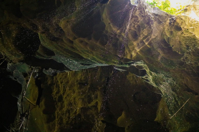 two large rocks have water droplets and light shining on them