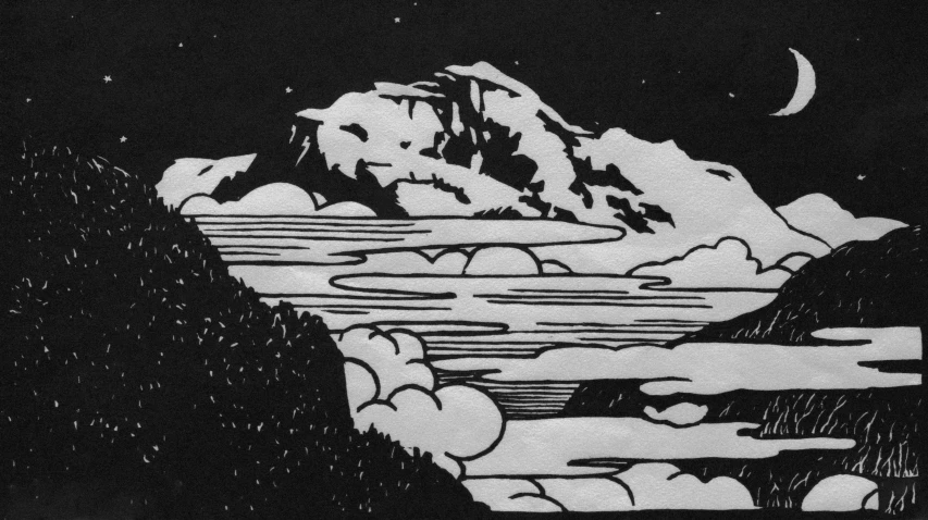 a black and white drawing of mountains and stars