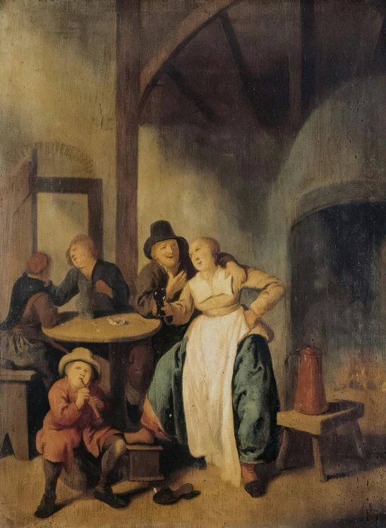 a painting shows an old family having a tea party