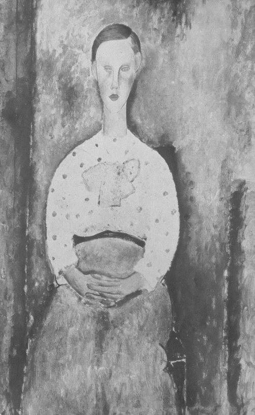 a black and white painting of a woman sitting in front of a wall