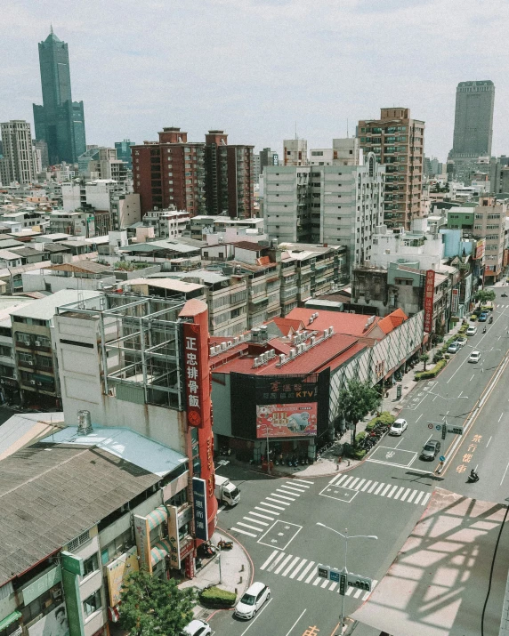 an aerial s of a city with large buildings