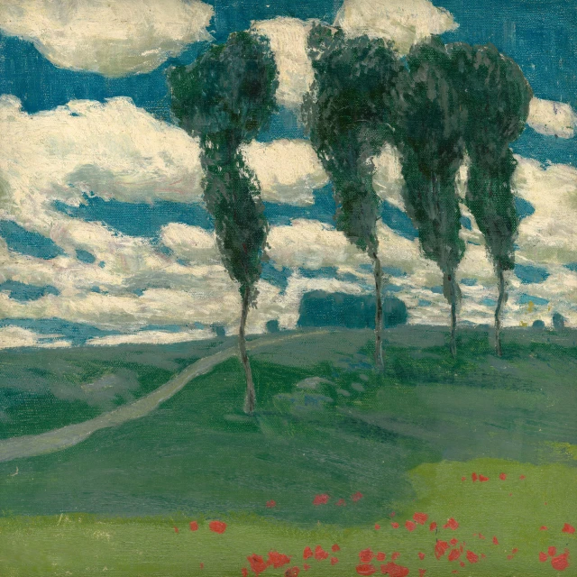 a painting with three trees on the side of a hill