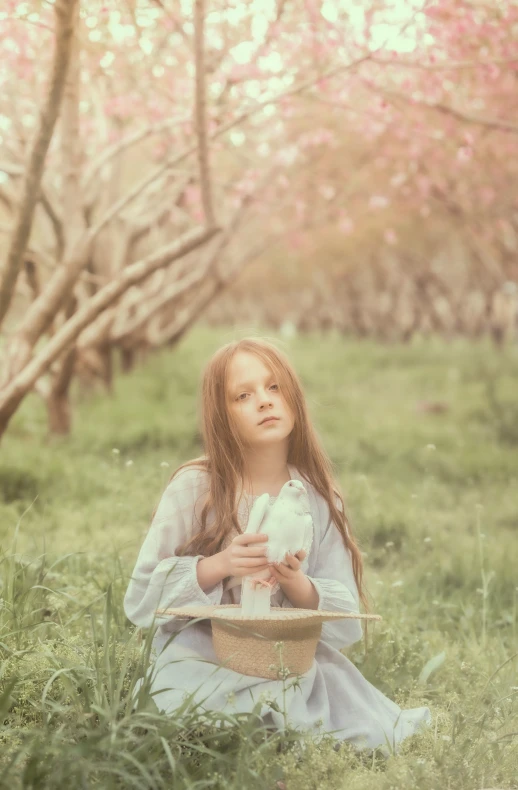  in blue dress kneeling in field holding white bird