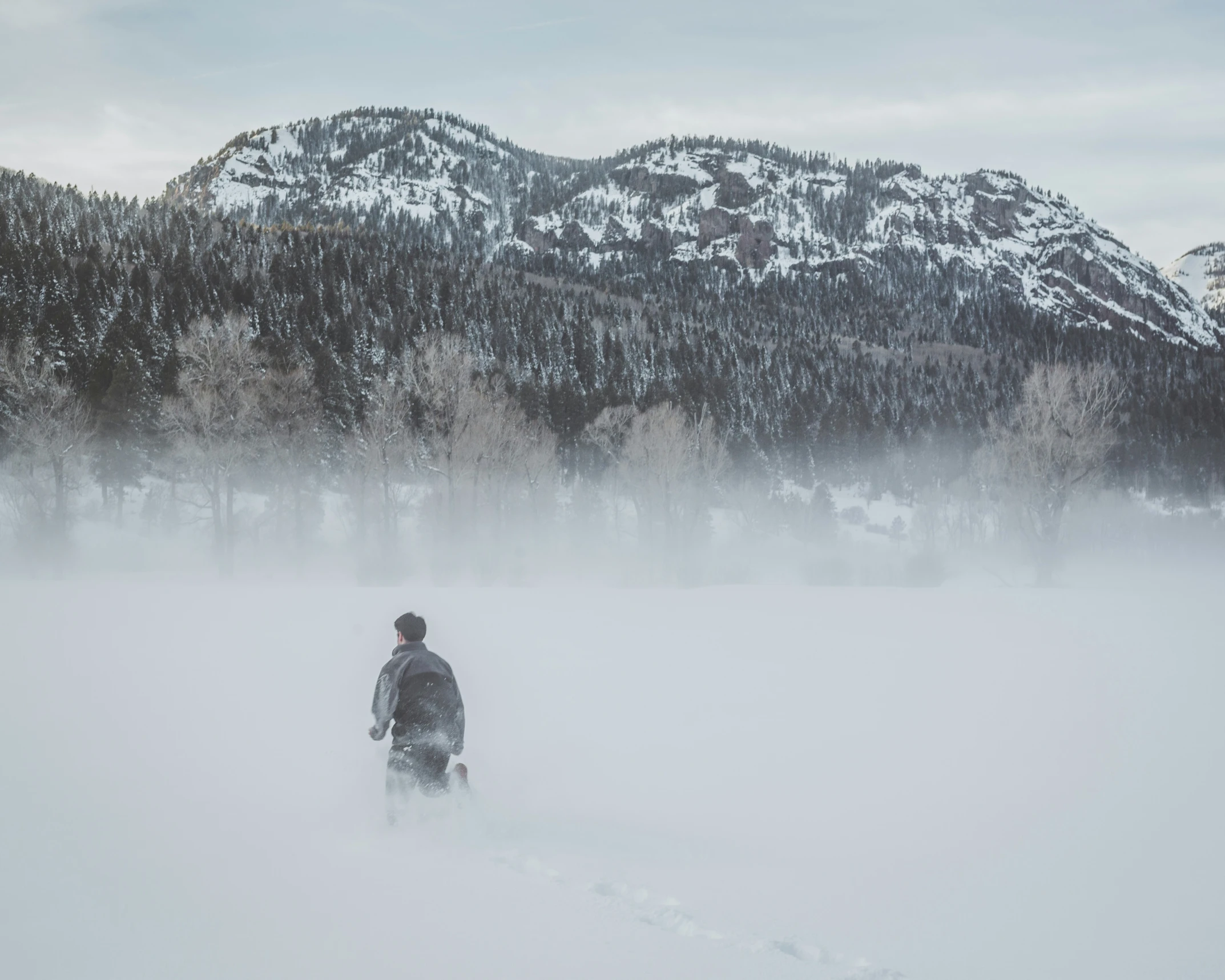 a man on a snowboard is walking in the fog