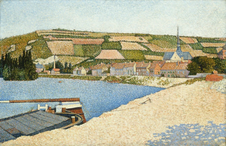 a painting of a city on the shore with water