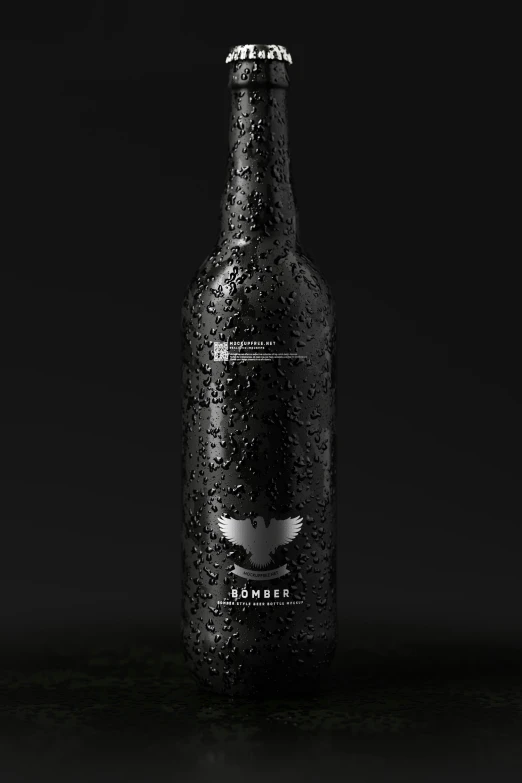 a black bottle of beer that is black with a white background