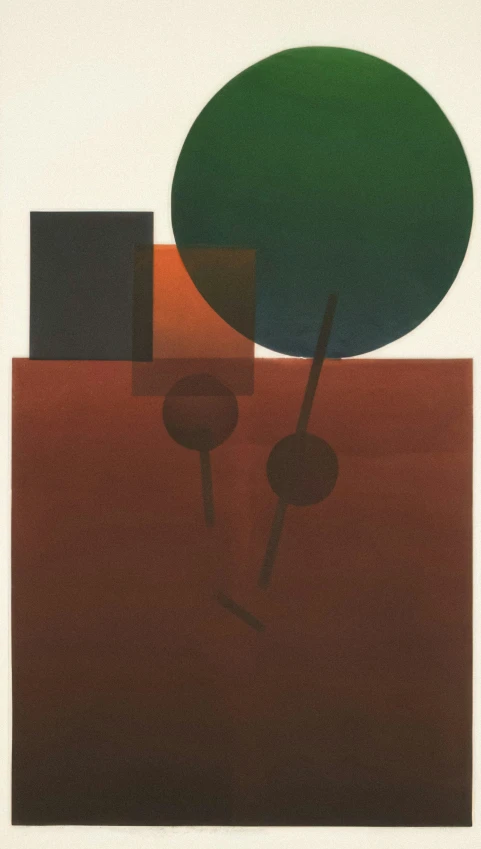 a painting depicting a tree and a square with a green ball in the center