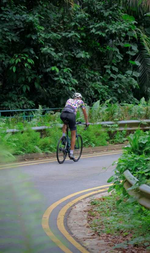 a person riding on the back of a bicycle down a road