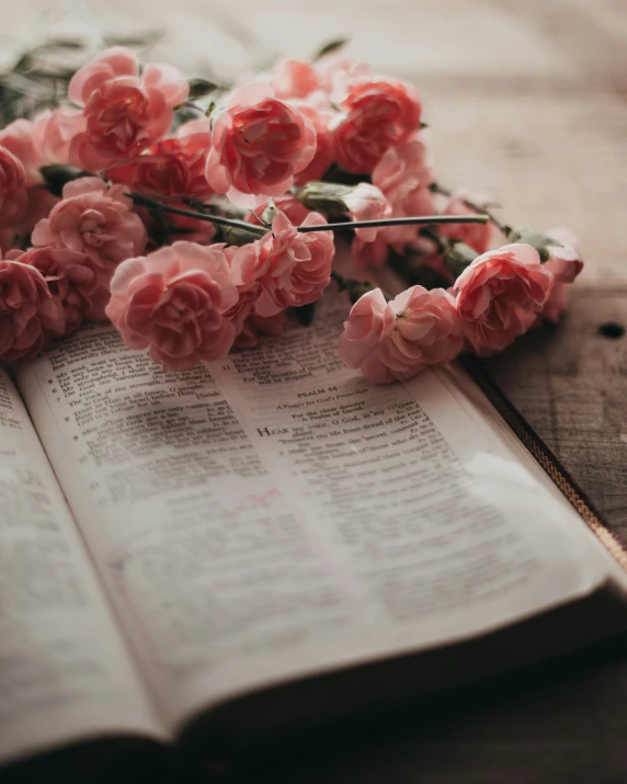 a flowered bunch of roses sitting on an open book