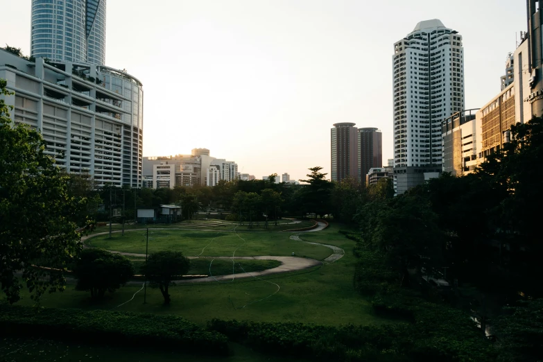 a view of the city skyline and its lush greenery at dusk