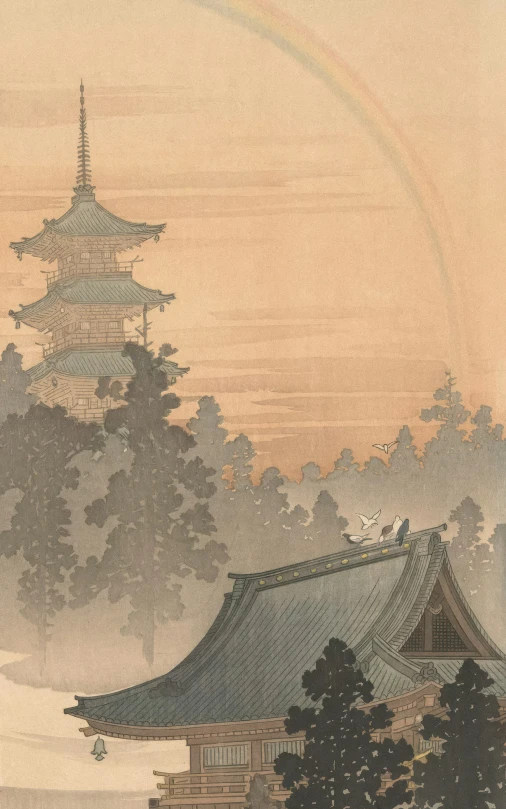 a painting of a japanese temple and a rainbow in the sky