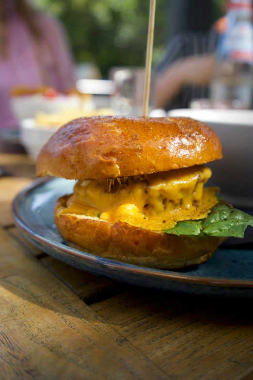 a cheese egg sandwich on a bun with greens