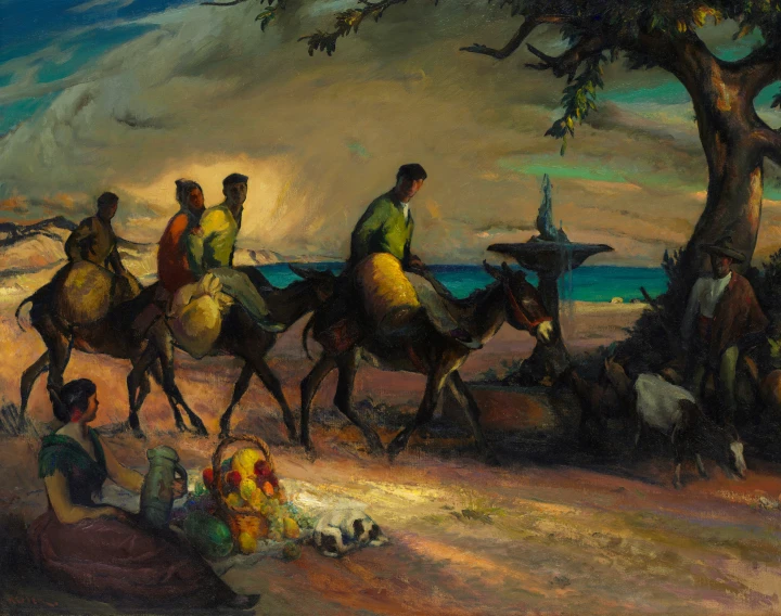 a painting of three people on horses near the beach