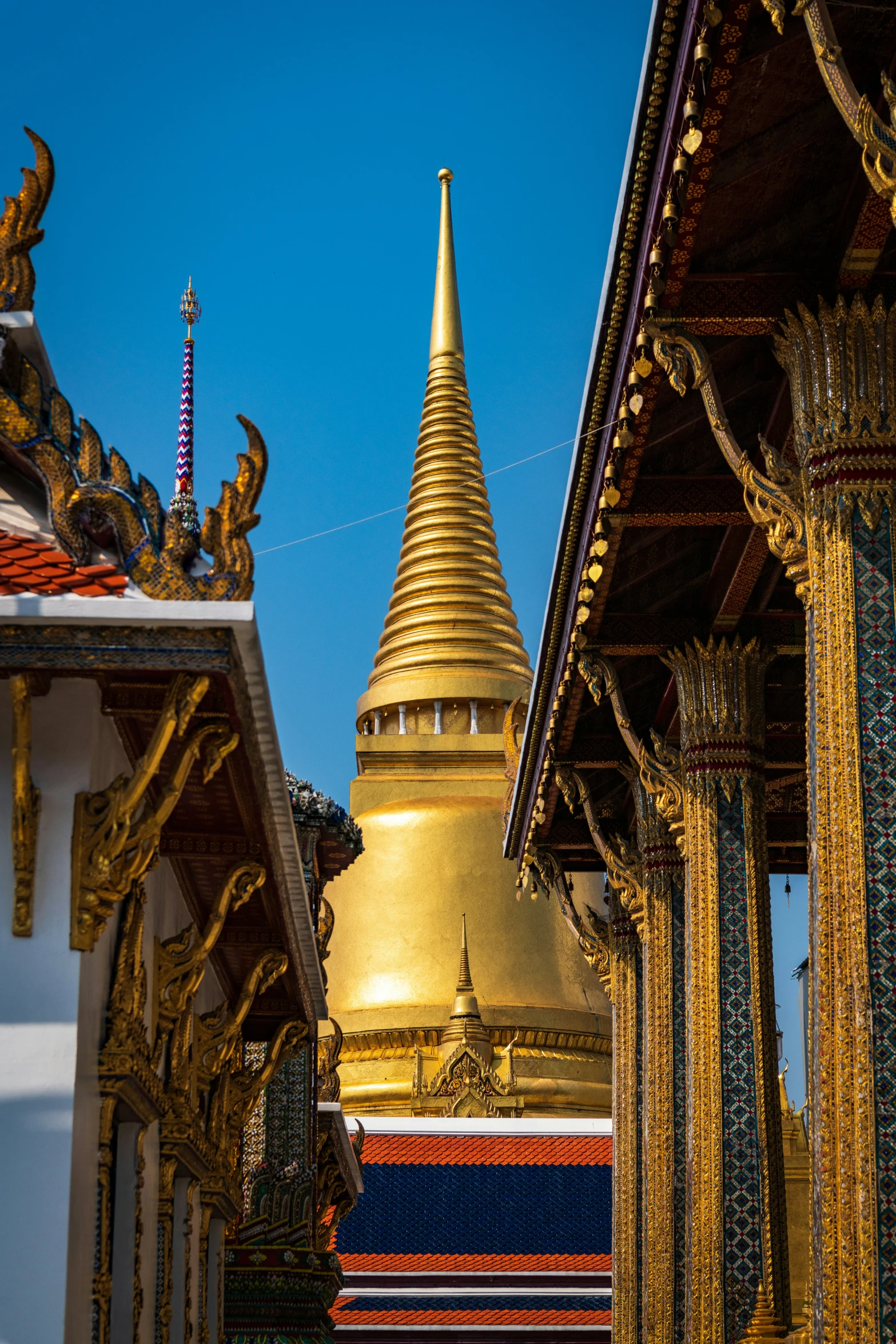 a gold and blue building is shown against the clear sky