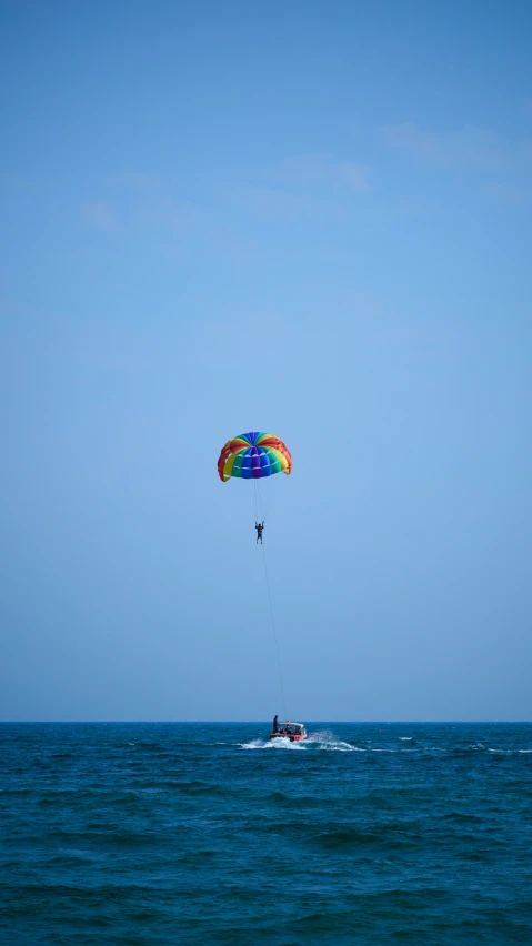 the sky is clear and blue with a person on a boat in the water