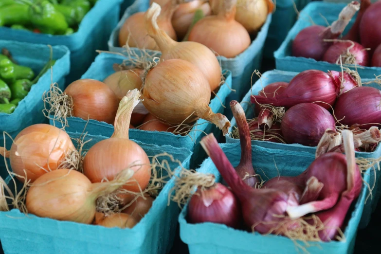 onions, peppers and garlic are in crates on display