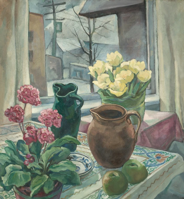 painting of green vase, flowers, limes and a vase with yellow flowers on a table