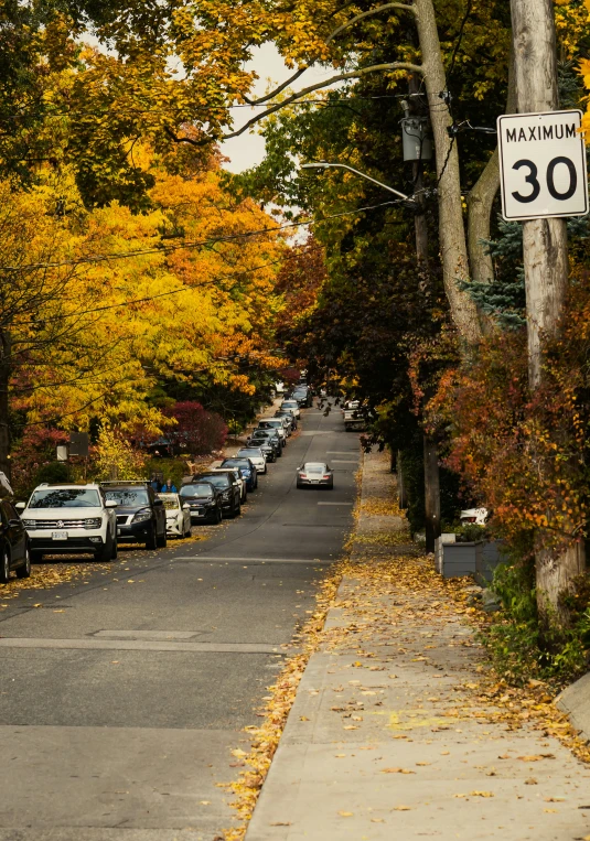 the sign is indicating speed limit and cars are parked along this street