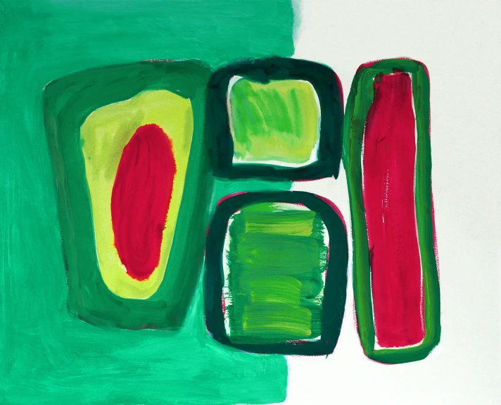 an abstract painting with green and red lines