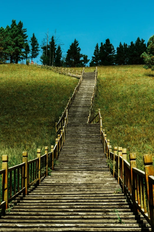 a wooden bridge is spanning across a grassy hill