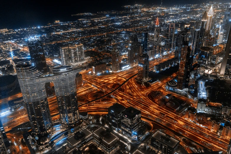 aerial view at night, of city lights and streets