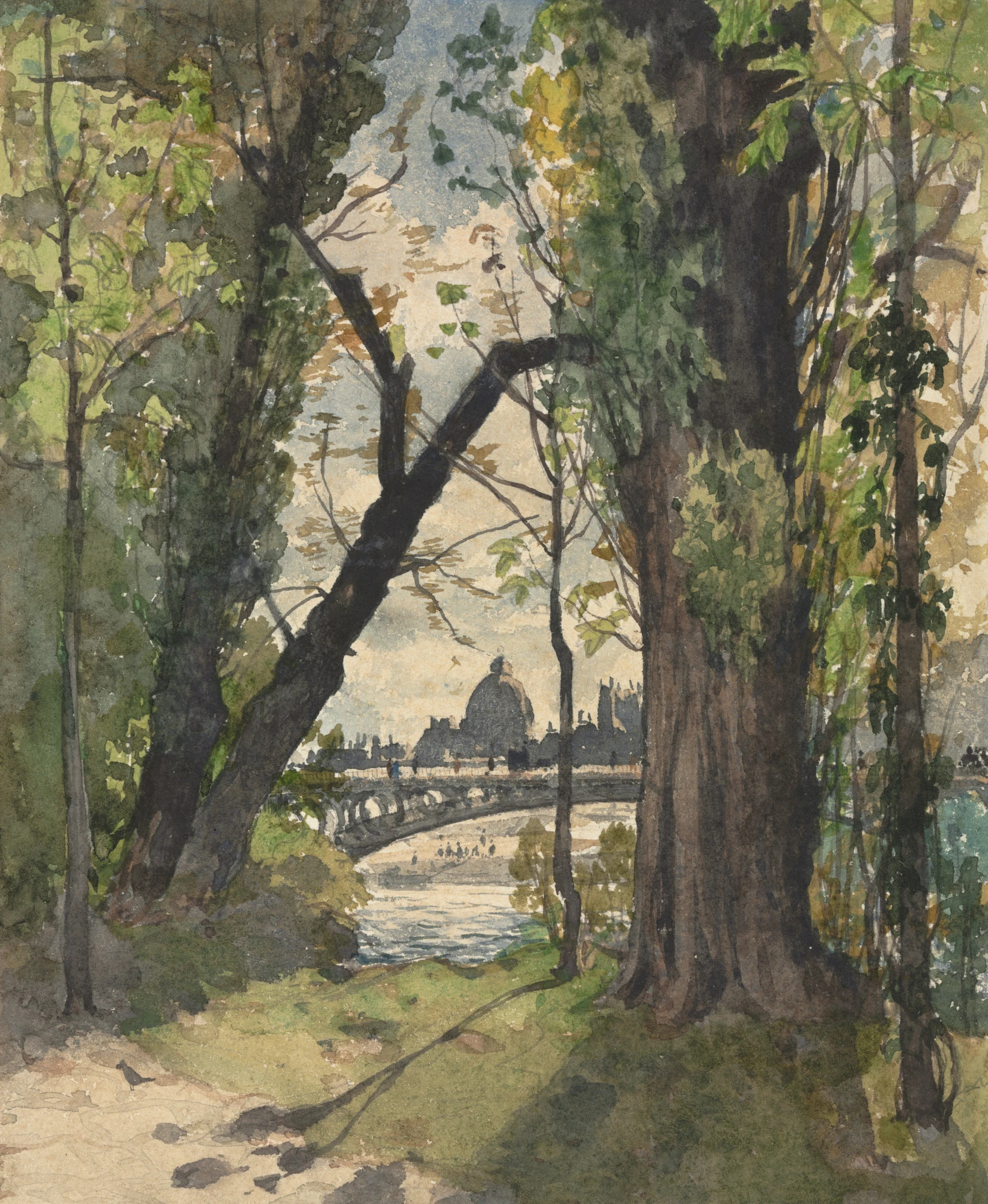 a painting of trees near a river with a bridge in the background