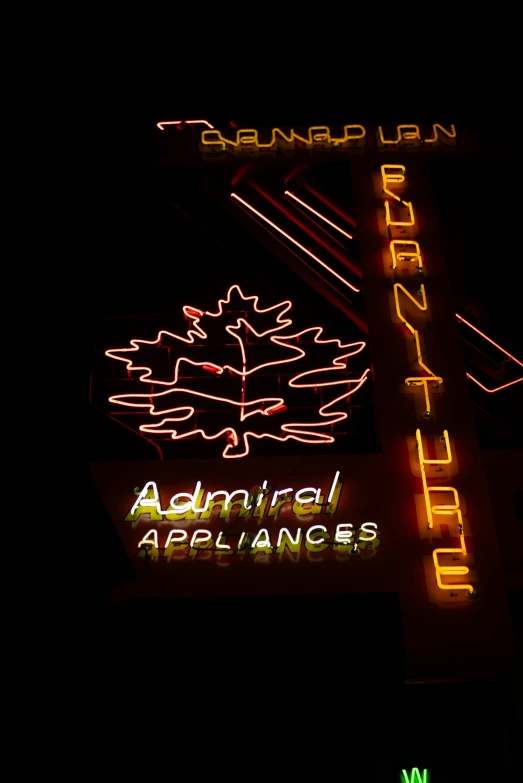 the neon sign has an image of a leaf and maple