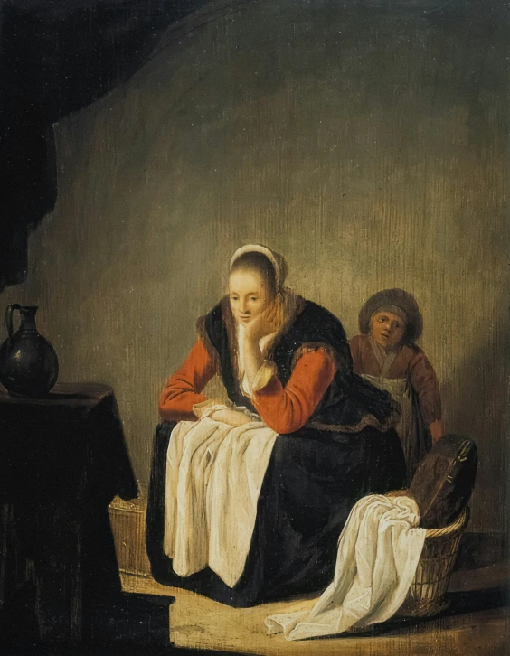 a painting of two people sitting in a room