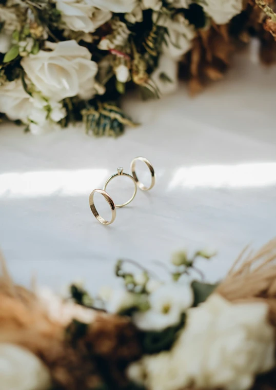 two wedding rings resting on a bouquet of flowers