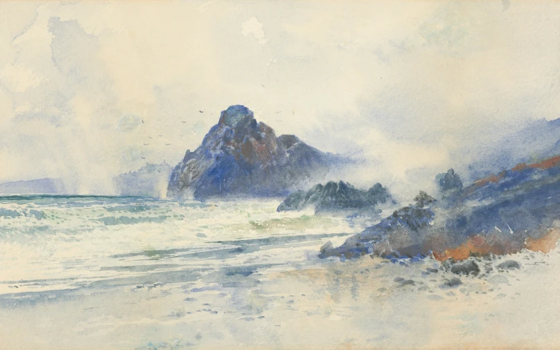 a watercolor of the ocean and a mountain