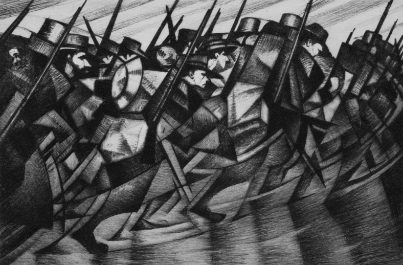 a large group of men carrying axes into a river