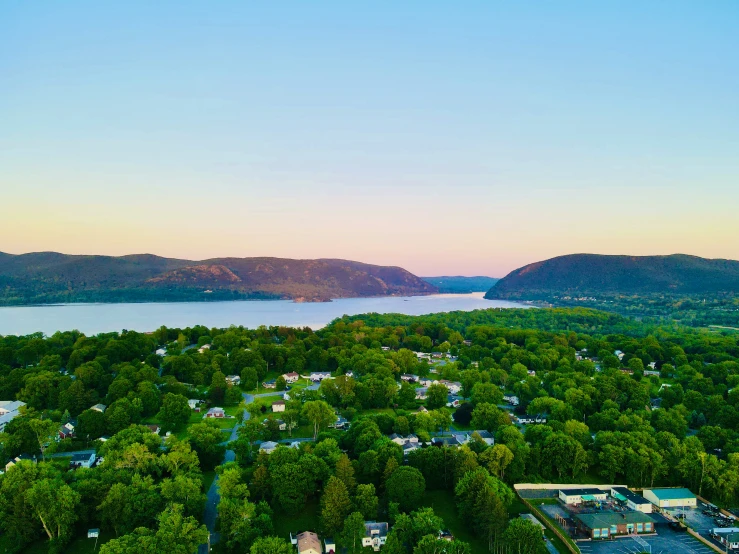 a bird's eye view of a lake surrounded by lush green trees