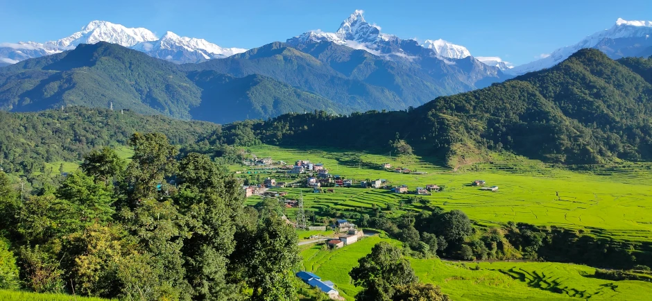 a view of green mountains and trees, some on the side of a road